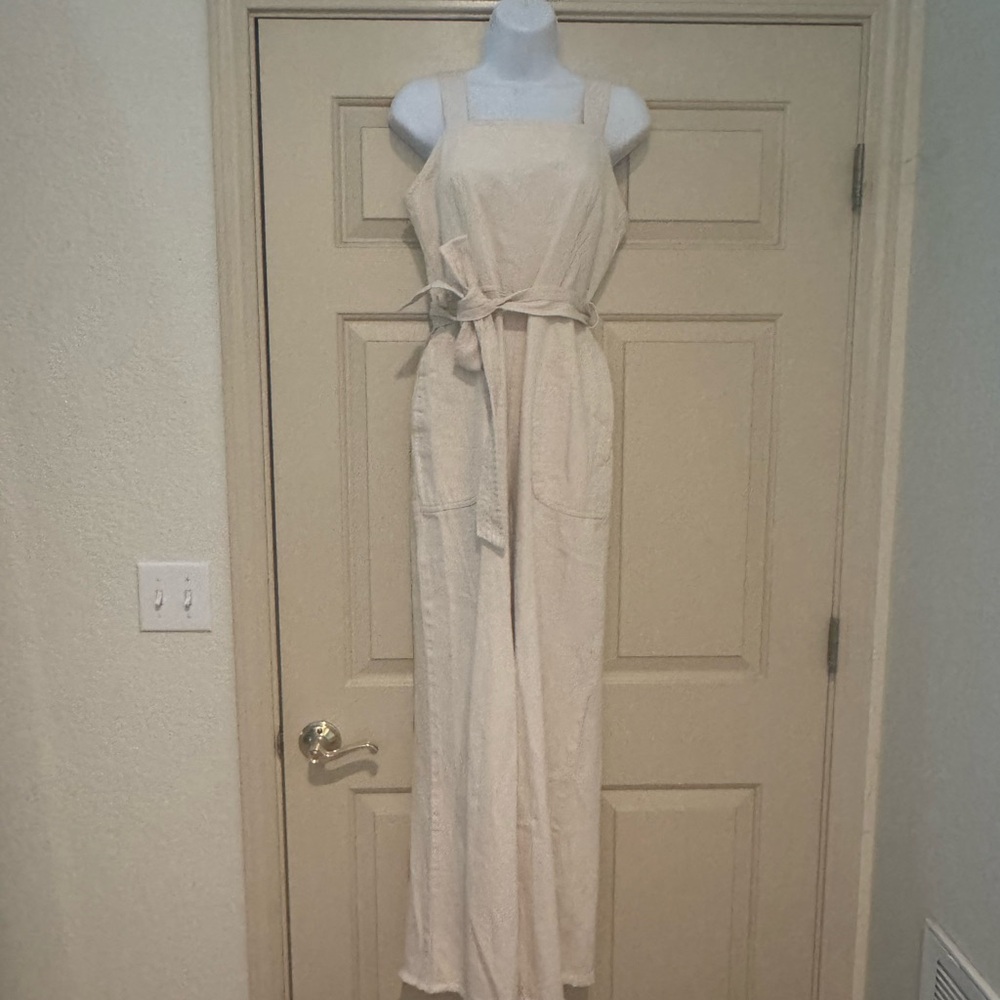 Denim Beige Sleeveless Jumpsuit with Belt